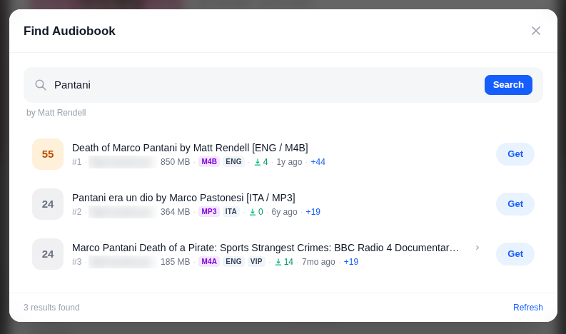 Find Audiobook window listing three results, each with a Get button, one tagged VIP